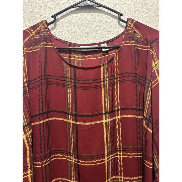 Susan Graver Blouse Top Size 22W Red Black Plaid Long Flutter Sleeves Business - Picture 3 of 7